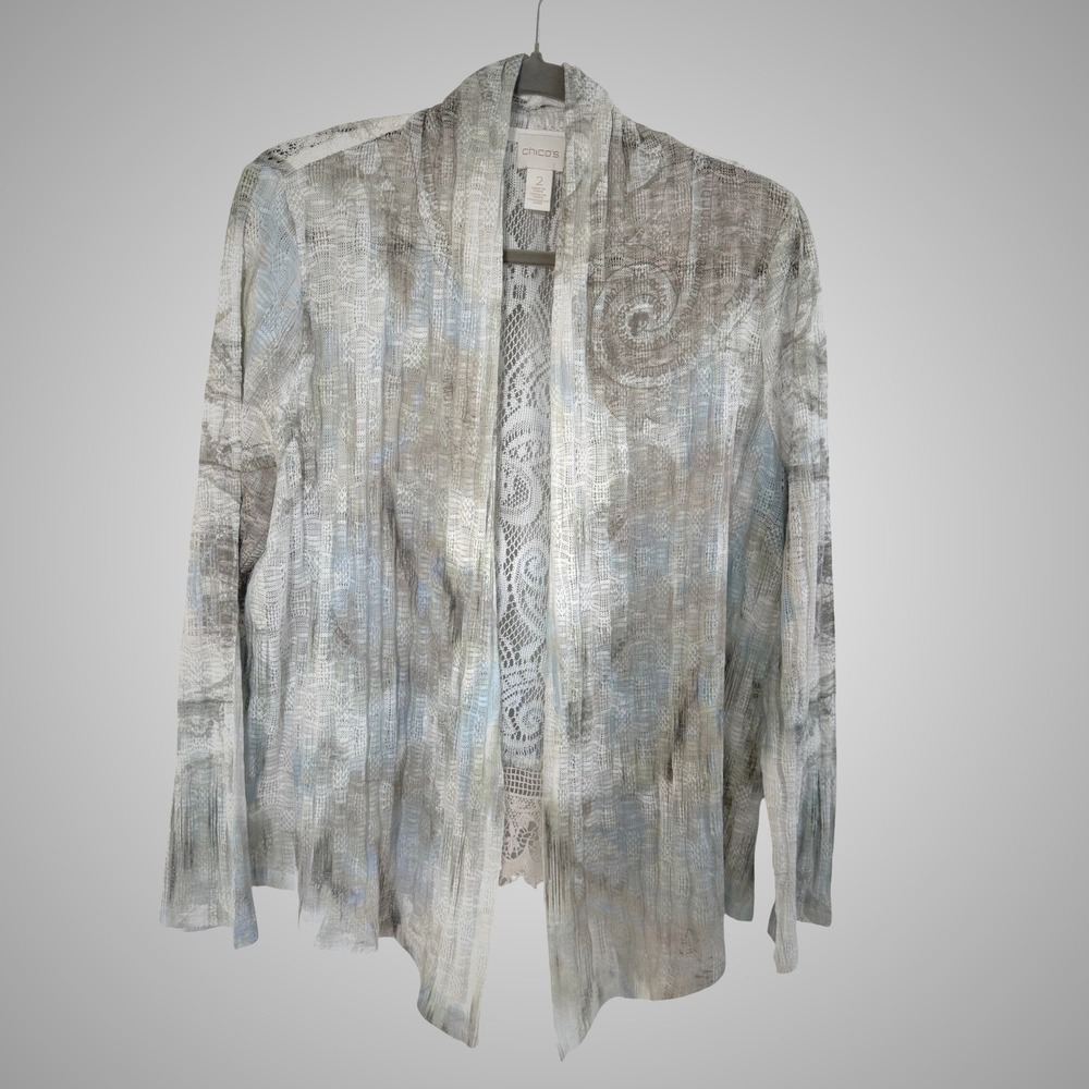 Chicos Lace Trim Open Front Cardigan Top Sheer Print Size 2- US Large -Blue Gray